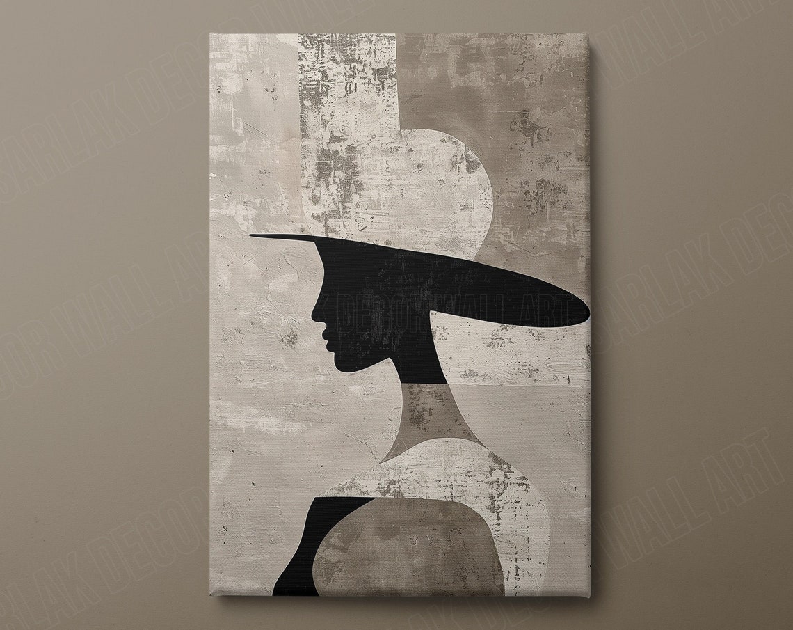 Woman Silhouette Wide Brim Hat Minimalist Beige Abstract Art Print