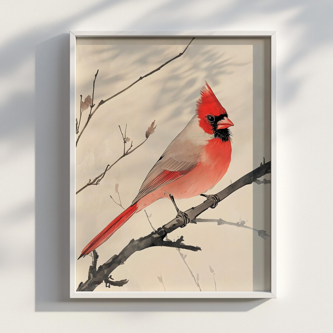 Northern Cardinal Red Bird Japanese Ink Style Branch Portrait Poster