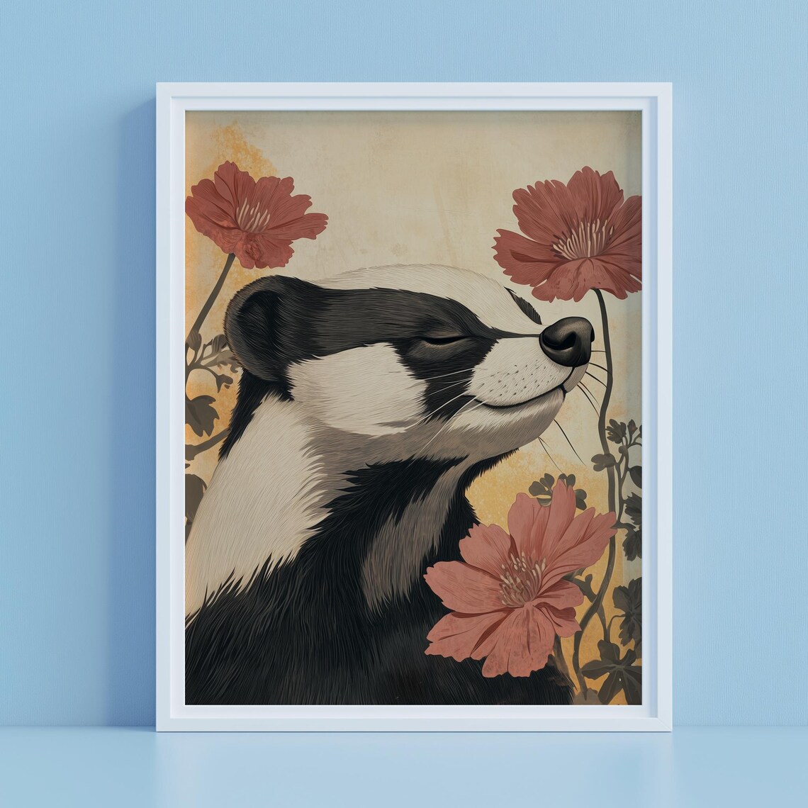 Serene Badger Portrait Red Flowers Ochre Wild Animal Art Poster - Image 4