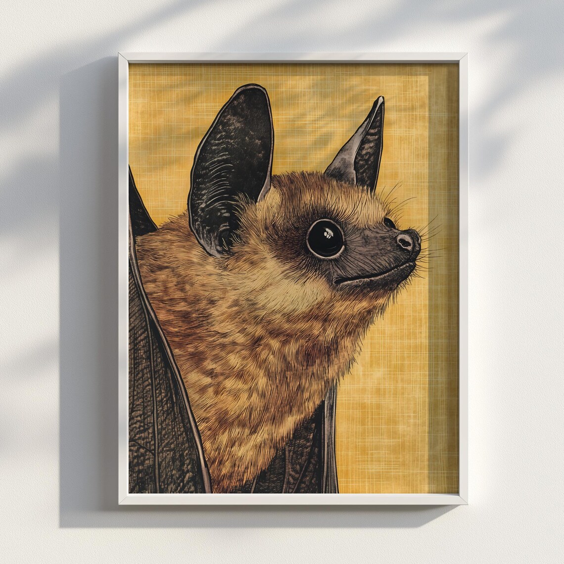 Little Brown Bat Portrait Golden Background Ukiyoe Ink Poster