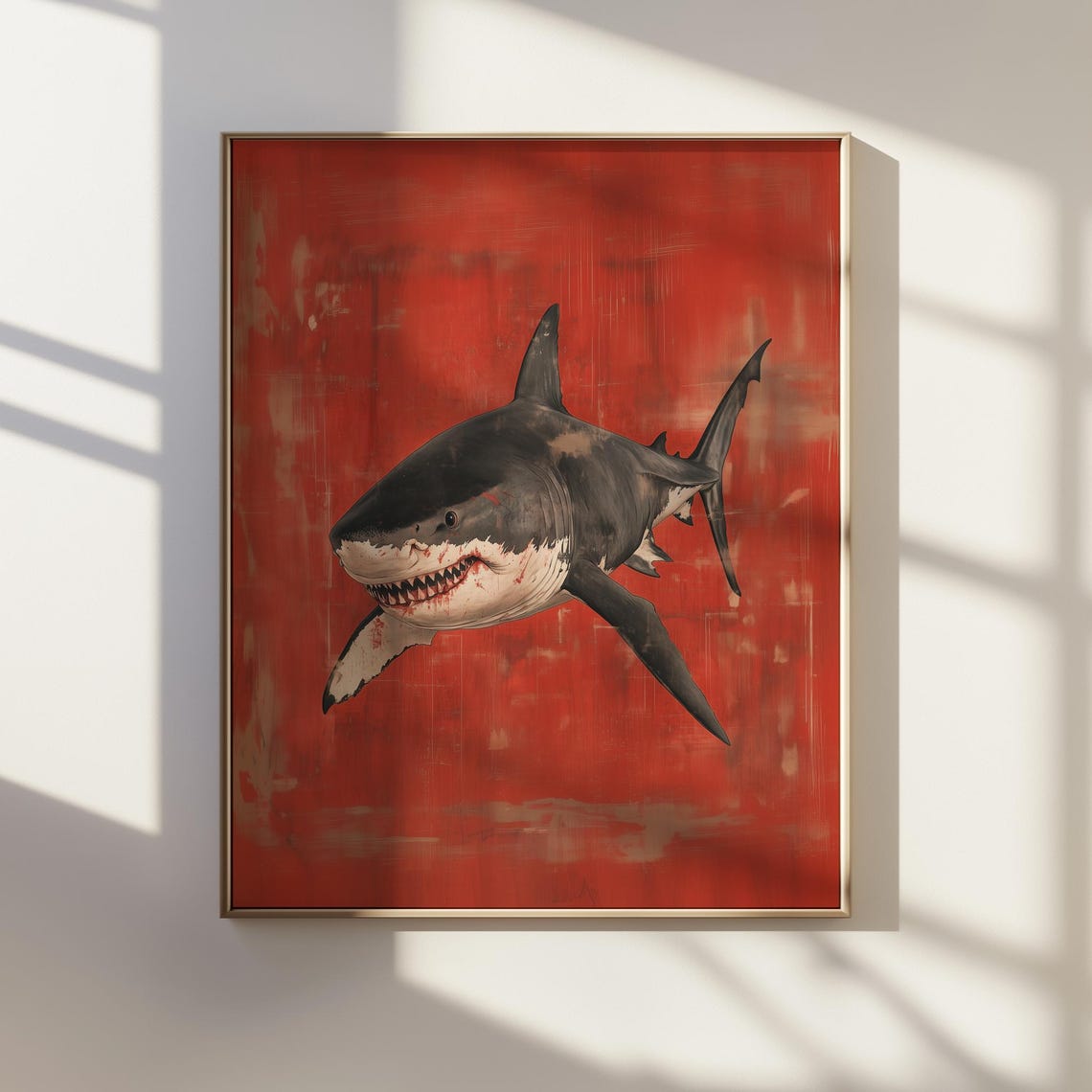 Great White Shark Japanese Style Red Background Ocean Poster