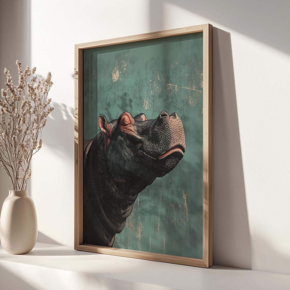 Smiling Hippopotamus Portrait Teal Background Joyful Animal Poster - Image 2