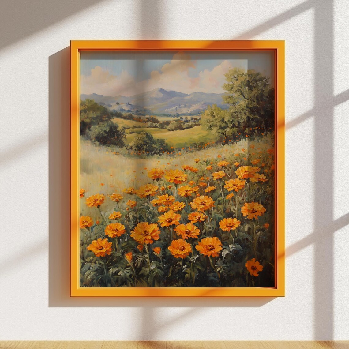 Golden Marigold Meadow Mountain Landscape Impressionist Poster