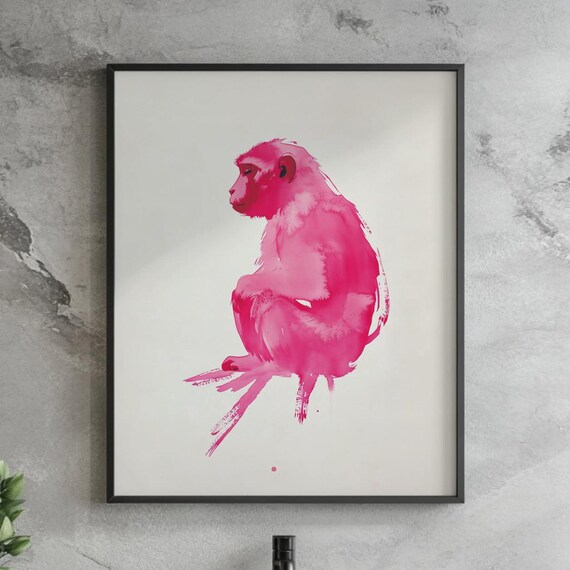 Pink Monkey Japanese Sumi E Ink Watercolor Playful Art Poster