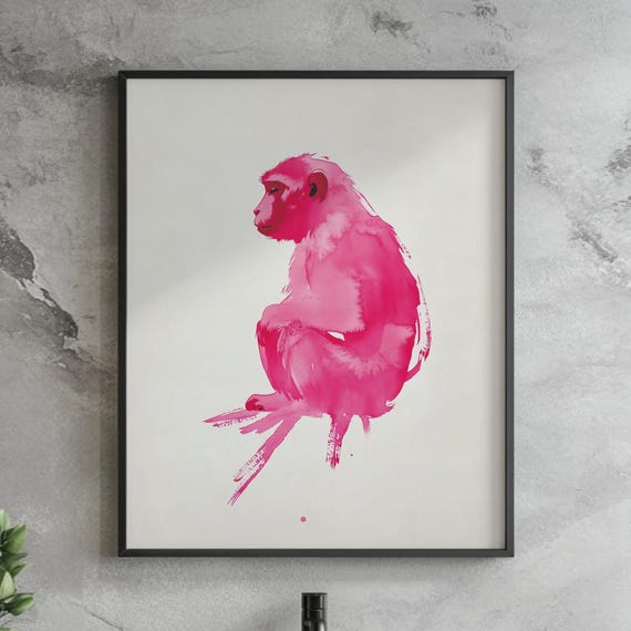Pink Monkey Sumie Ink Art Print Japanese Brush Painting Zen Minimalist Wall Decor Poster