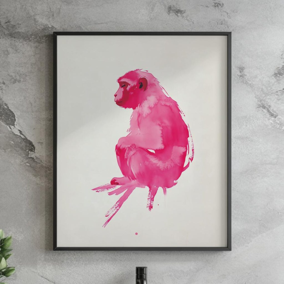 Pink Monkey Japanese Sumi E Ink Watercolor Playful Art Poster