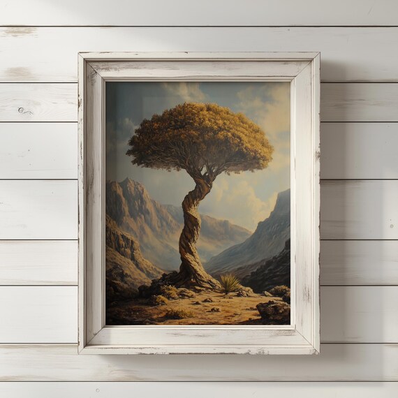 Twisted Dragon Tree In A Desert Landscape Art Print Majestic Nature Wall Decor Mountain Botanical Artwork