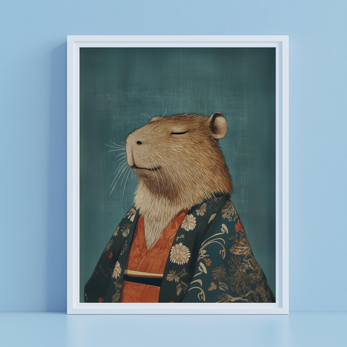 Capybara in Kimono Japanese Floral Teal Portrait Funny Art Poster - Image 4