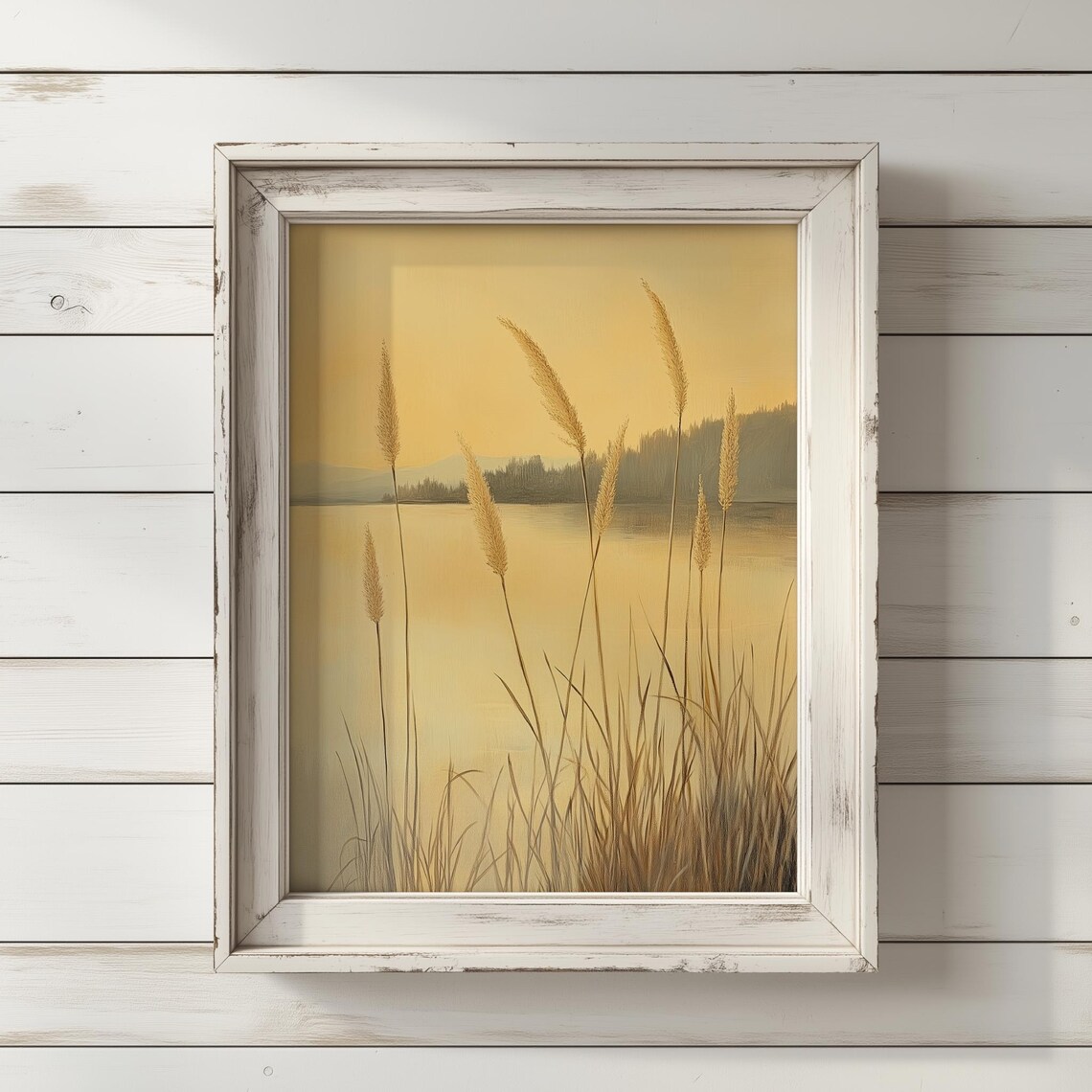 Calm Golden Reeds At Sunrise Misty Lake Minimalist Nature Poster