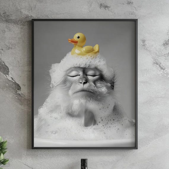 Funny Monkey Bubble Bath Print Black And White Bathroom Wall Art Quirky Japanese Macaque Photography Rubber Duck Spa Decor Playful