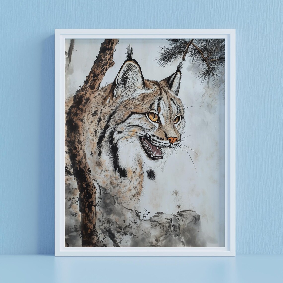 Wild Lynx Japanese Ink Brushwork Wildlife Portrait Art Poster - Image 4