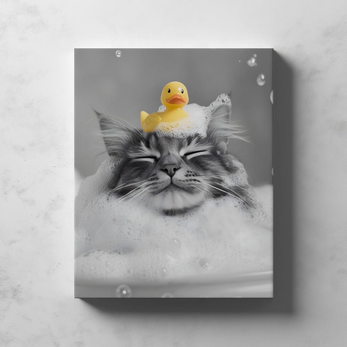 Long-Haired Kitten Bubble Bath With Rubber Duck Funny Poster - Image 2