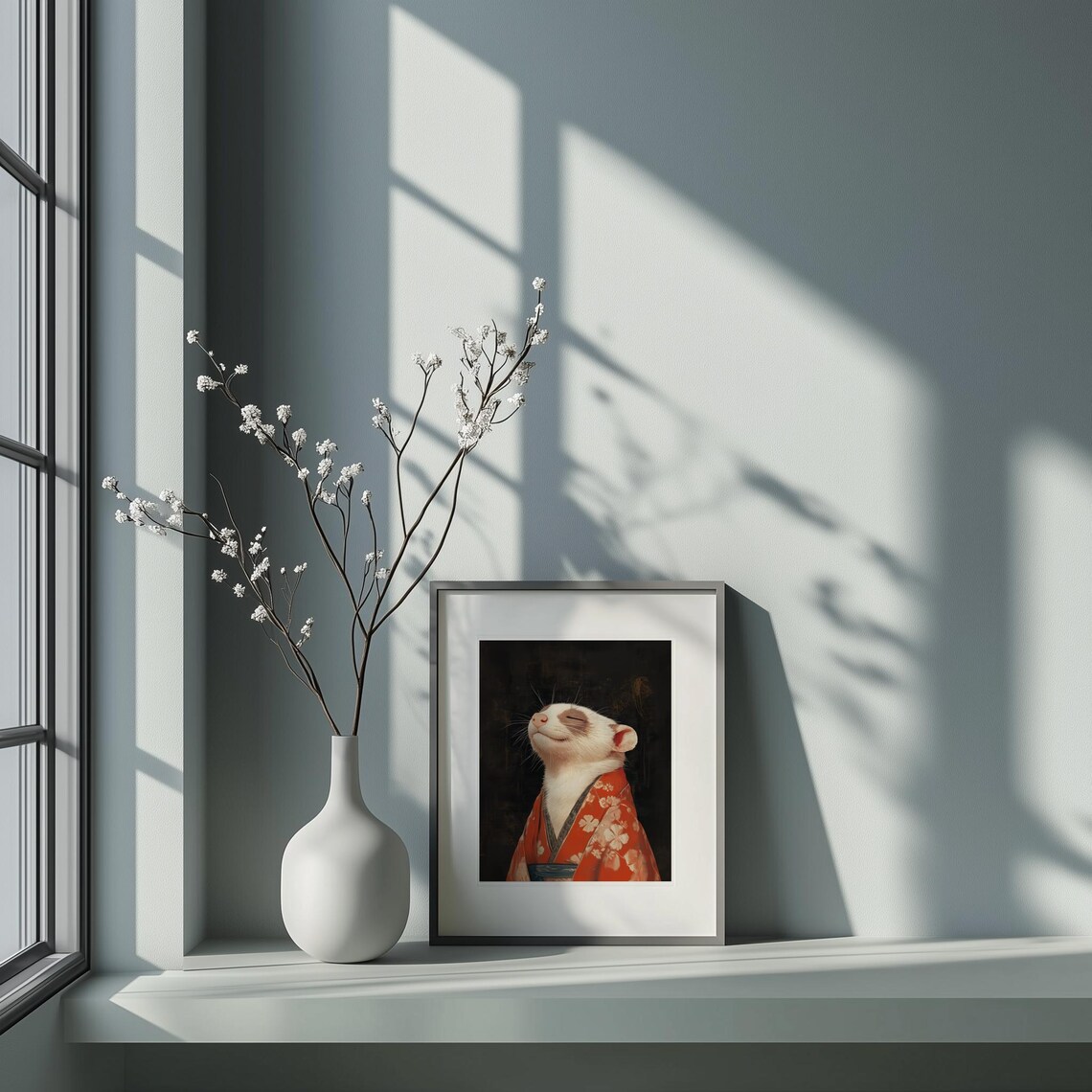Blissful Ferret in Red Kimono Serene Portrait Dark Floral Art Poster - Image 5