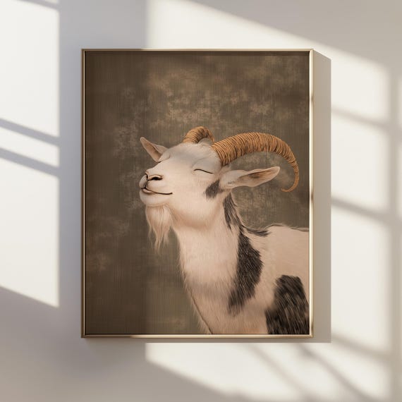 Ukiyoe Style Smiling Goat Portrait Japanese Ink Art Of Playful Cute Animal Print Unique Farm Decor For Home Or Office