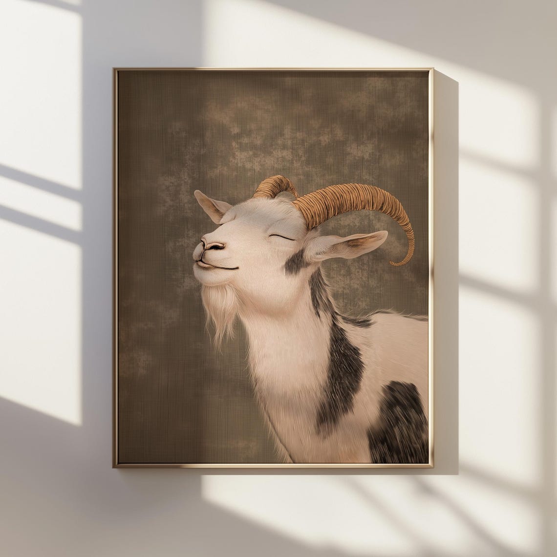 Smiling White Goat Portrait Japanese Ink Art Rustic Farm Poster