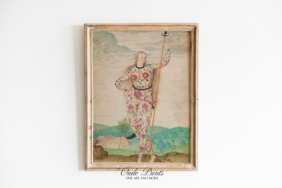Floral Tattooed Woman with Staff Medieval Style Vintage Art Poster