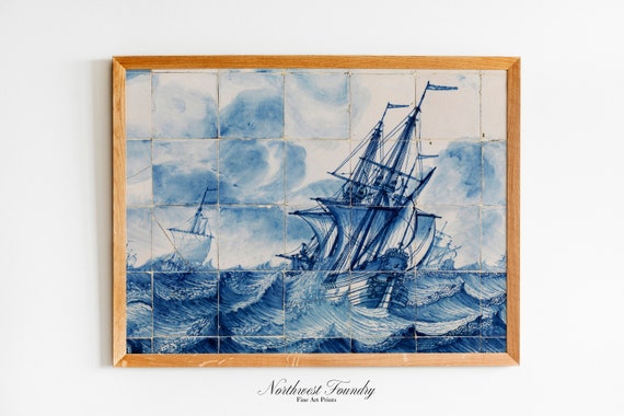 Delft Blue Tile Stormy Seascape From The 18th Century Antique Dutch Golden Age Wall Art Print