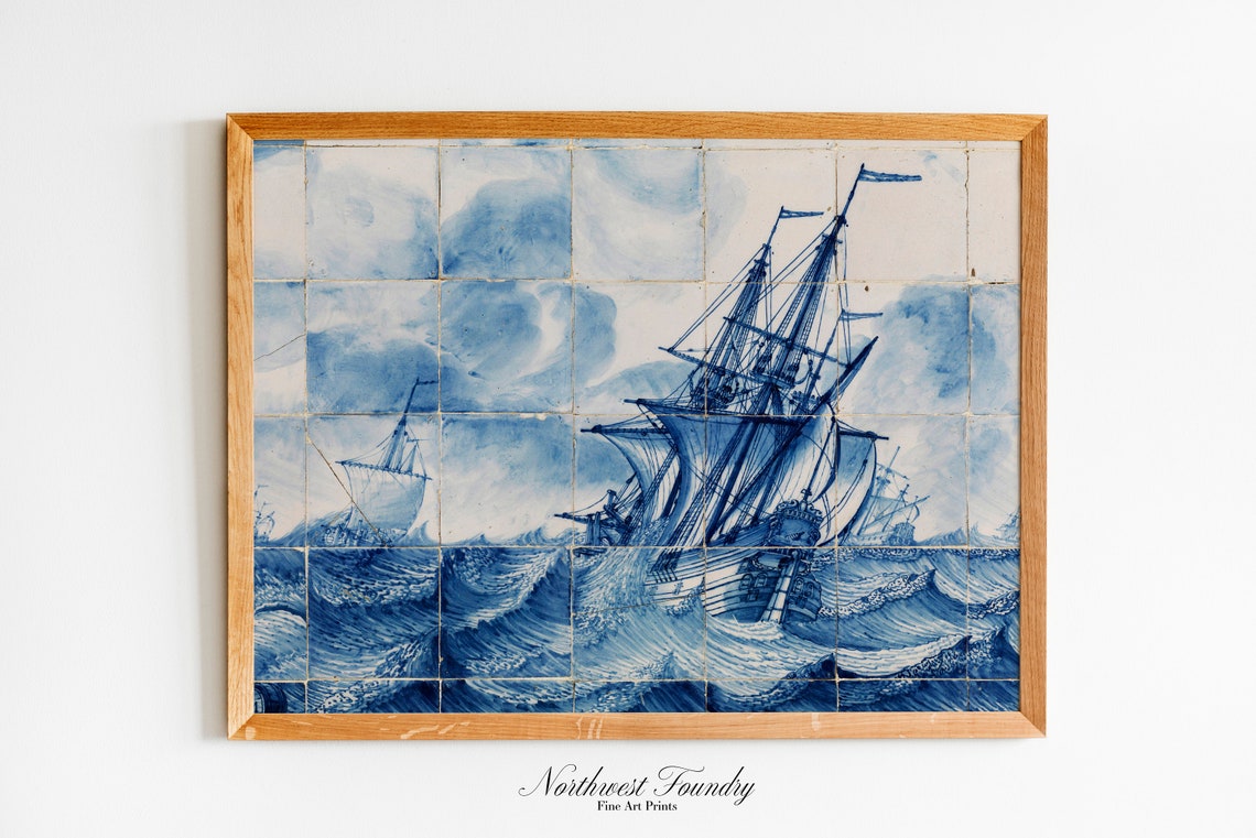 Blue and White Tile Mural of Tall Ships on Stormy Seas Poster