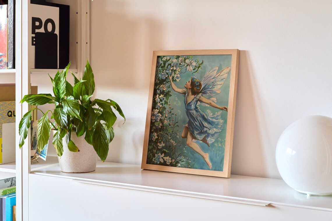 Blue Fairy Among Flowers Teal Vintage Fairycore Postcard Poster - Image 2