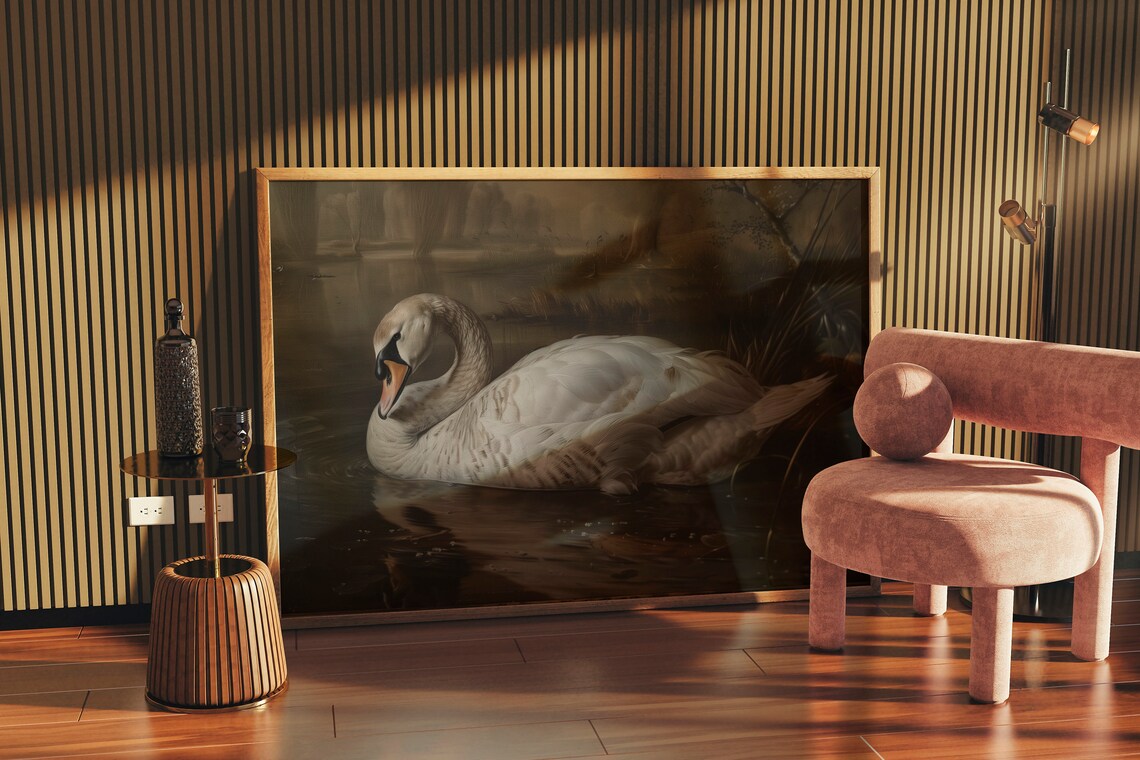 White Swan Gliding on Dark Water Moody Elegant Bird Painting Poster - Image 3