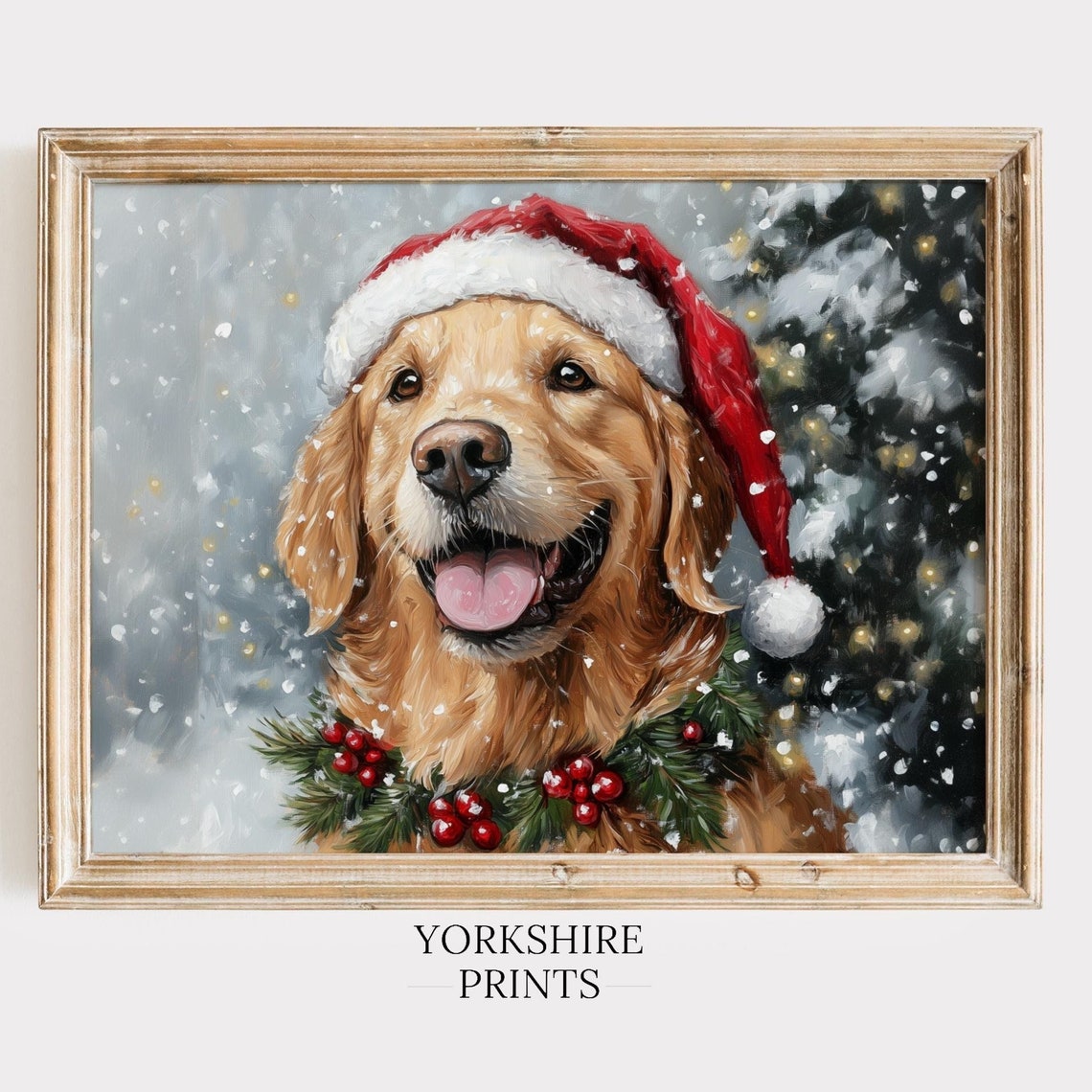 Golden Retriever Christmas Wall Art Christmas Dog Wall Art Golden Retriever Christmas Painting Dog Vintage Oil Painting