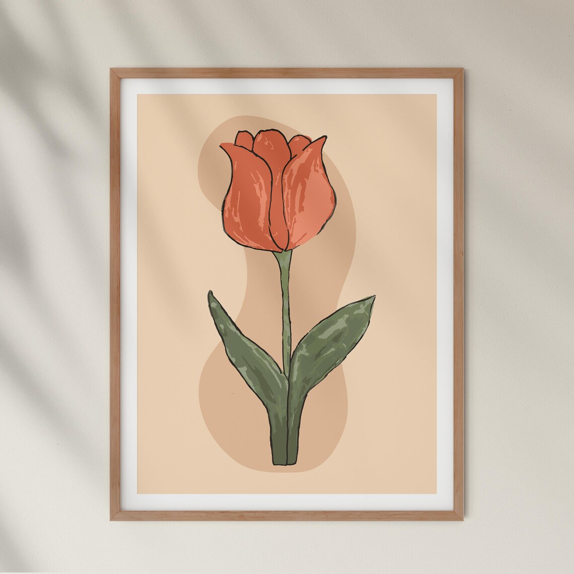 Coral Tulip Flower on a Beige Blob Minimalist Botanical Poster