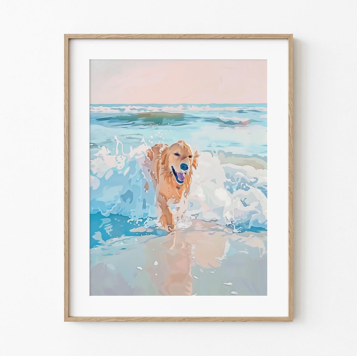 Joyful Smiling Golden Retriever Running in Ocean Waves Poster