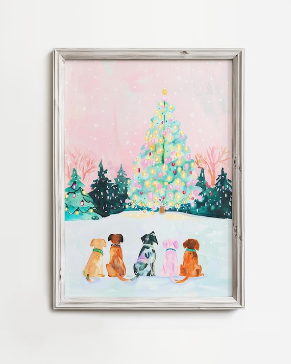 Festive Dogs by Glowing Christmas Tree Pastel Holiday Art Poster