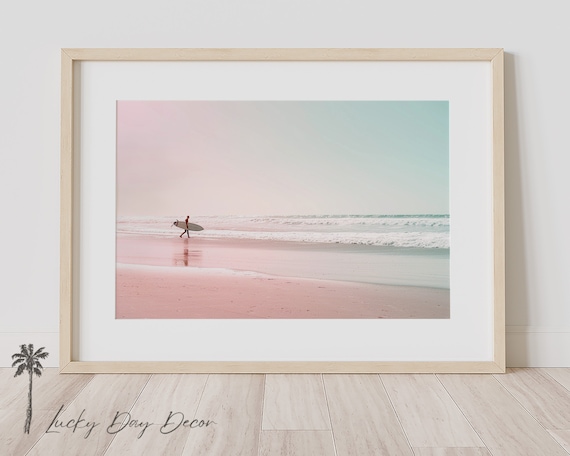Dreamy Surfer Walking Pink Beach at Sunrise Pastel Photo Poster