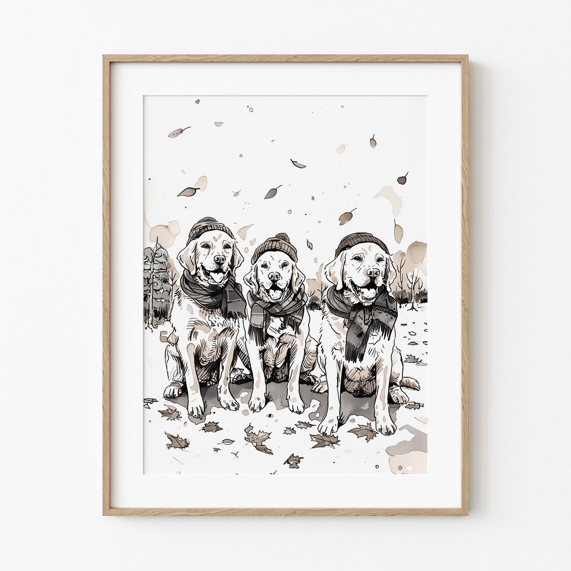Three Labradors in Knit Hats and Scarves Autumn Fall Dog Art Print