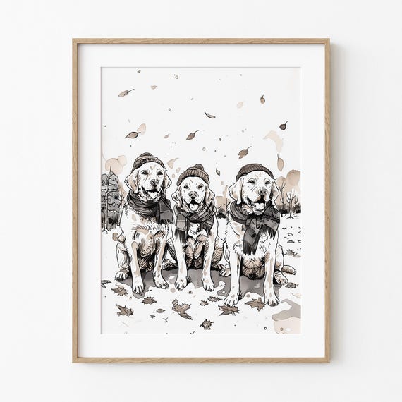 Cozy Fall Labradors Whimsical Adorable Dog Sketch Art Cold Weather Lovers Print Autumn Season Wall Decor Brown Tones