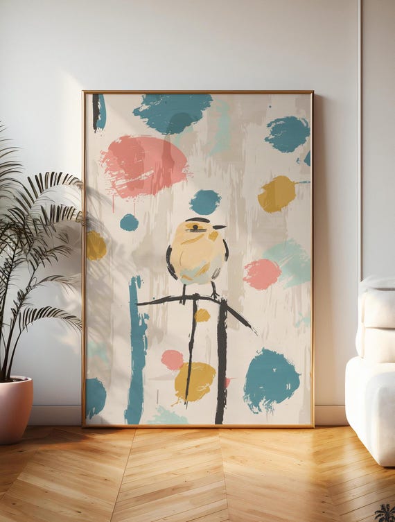 Song Bird Print Abstract Pastel Art Simple Colorful Boho Painting Trendy Spring Summer Home Wall Decor