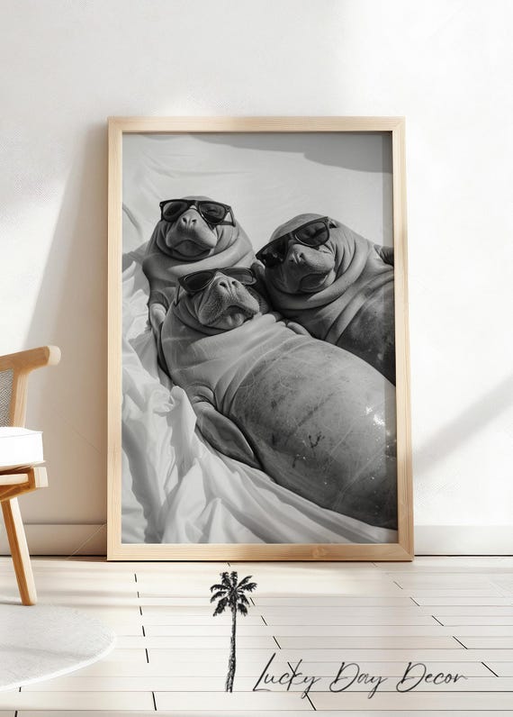 Sea Cows Soaking Up Sun Funny Poolside Animals Monochrome Manatees Whimsical Life Art Animal Lover Print In Sunglasses