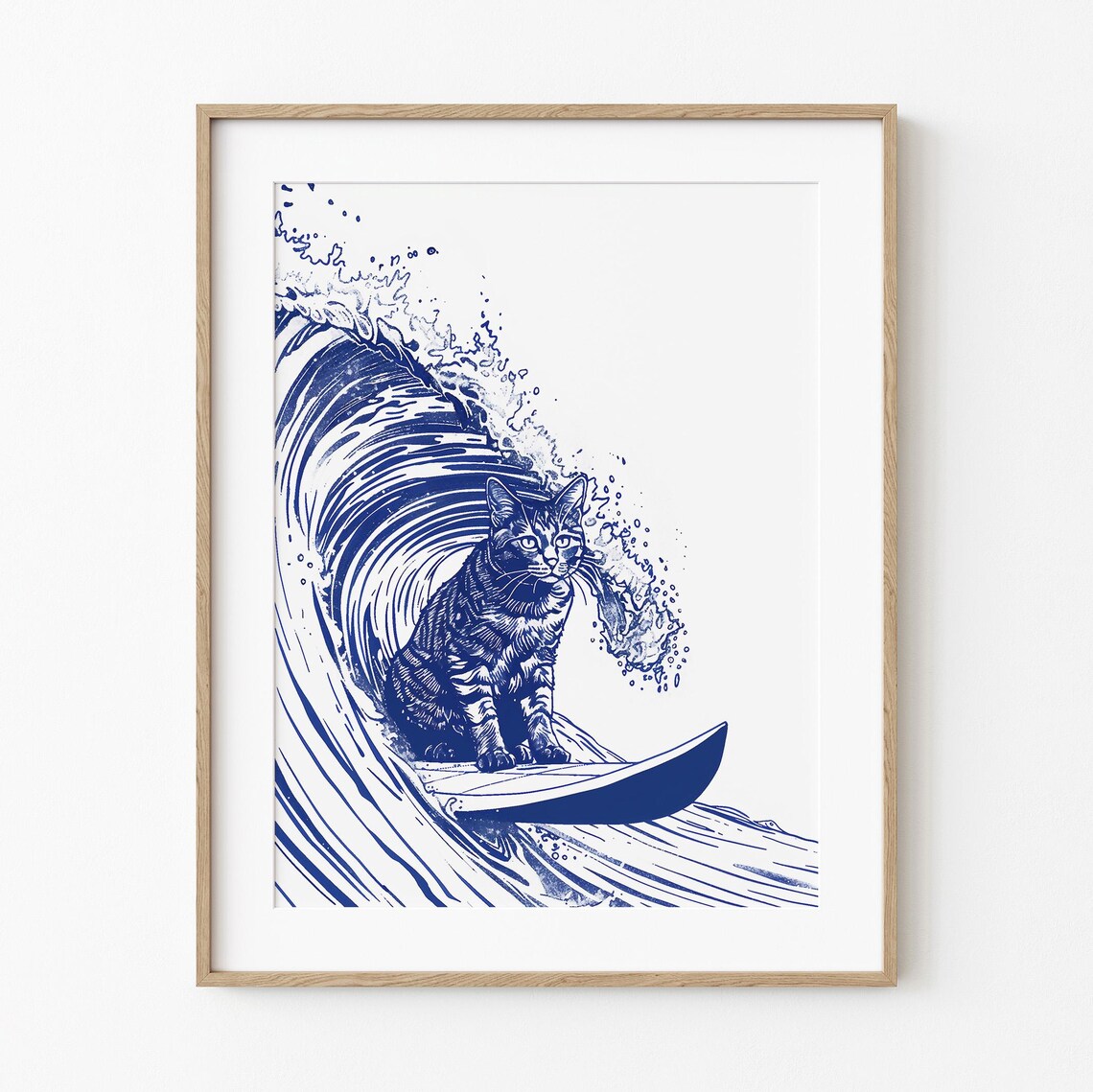 Cat Catches A Wave Riding Surfboard Through Curl Bold Blue Ink Art Poster
