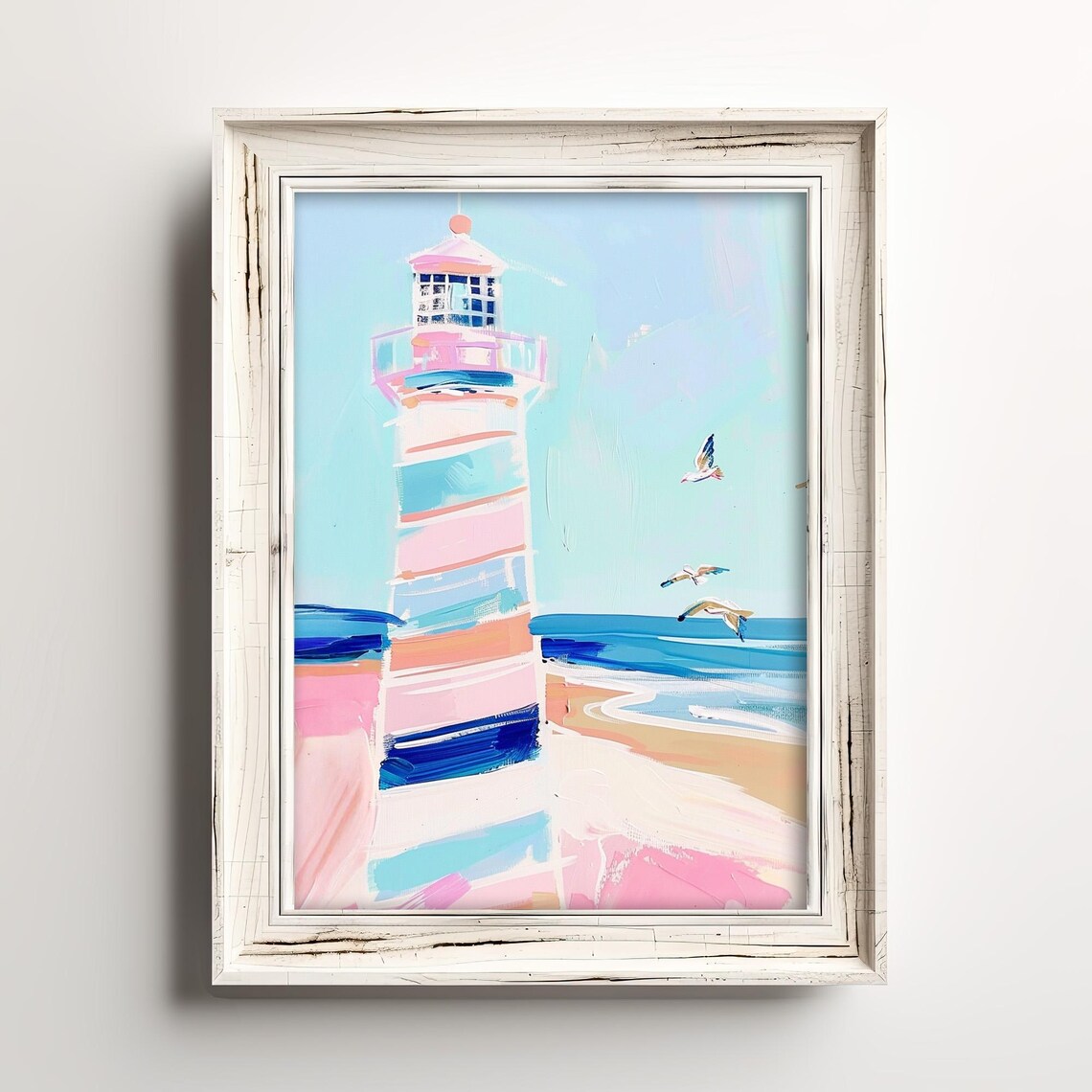 Coastal Pastel Lighthouse Pink Seascape Art Print