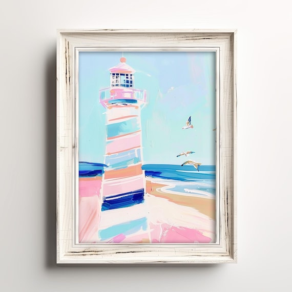 Coastal Pastel Lighthouse Pink Seascape Art Print