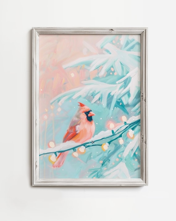 Pink Cardinal Bird On Snowy Branch With String Lights Poster
