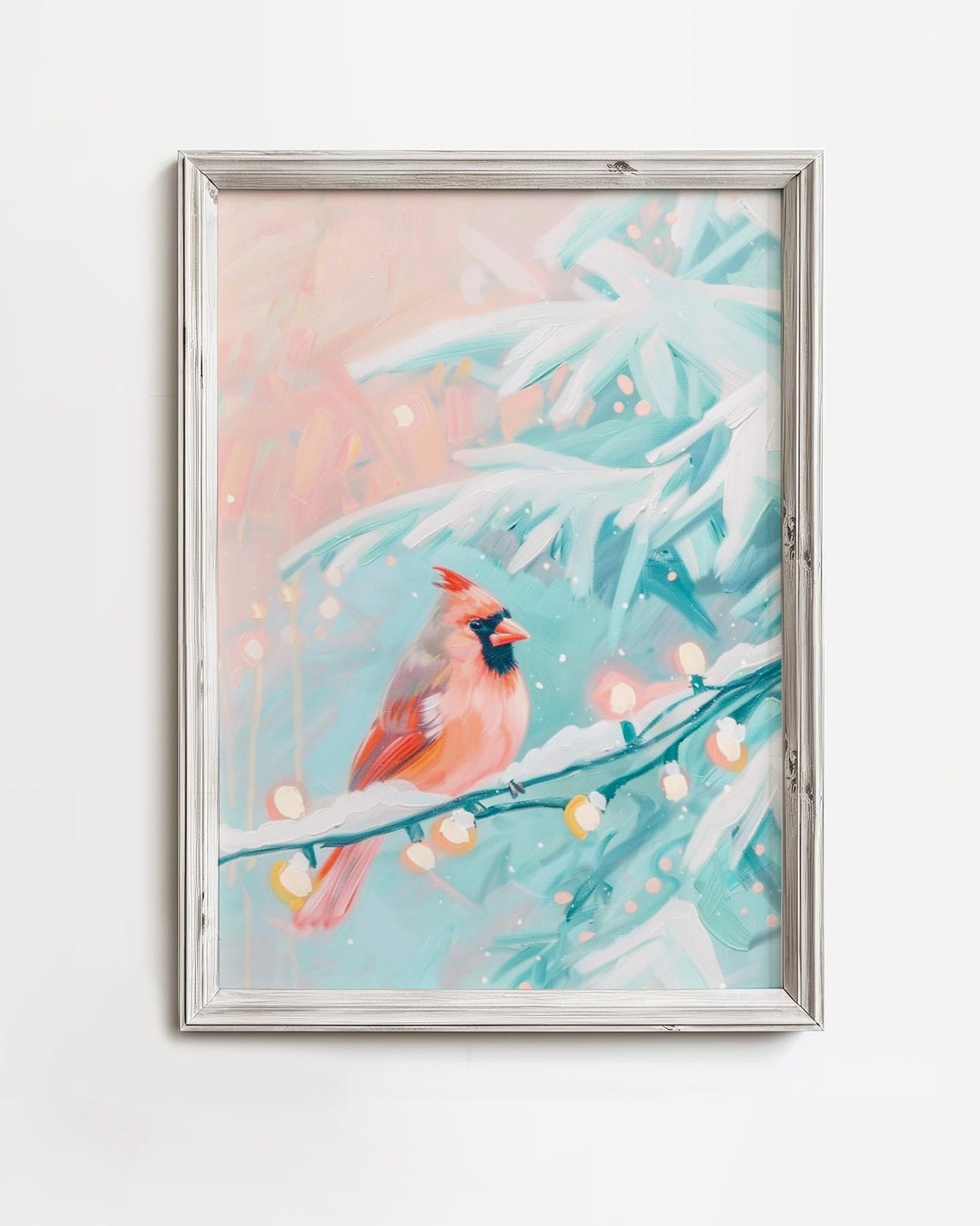 Pink Cardinal Bird On Snowy Branch With String Lights Poster