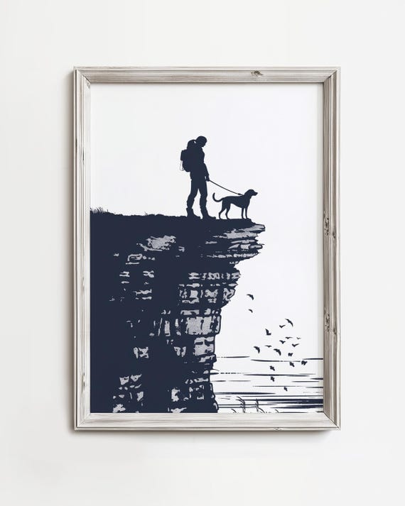 Hiking Dogs Cliffside View, Rustic Navy Blue Art Print