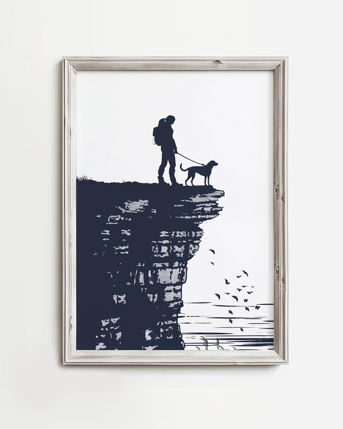 Hiking Dogs Cliffside View, Rustic Navy Blue Art Print