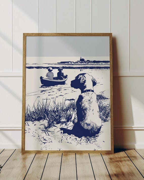 Coastal Dog Nursery Wall Art Puppy Waits For Boys Adorable Artwork Vintage Beach Day Room Print Simple Navy Blue Sketch
