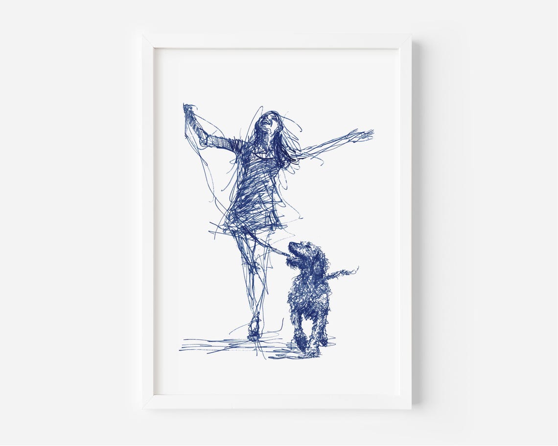 Girl Dancing with Poodle Blue Ink Sketch Joyful Line Art Poster