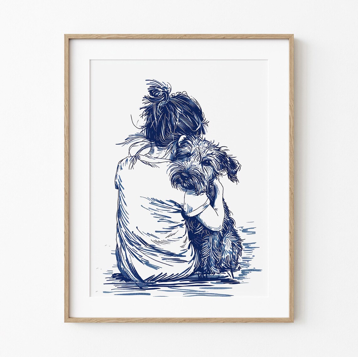 Girl Dog Hugging on Beach, Coastal Cottage Art Print