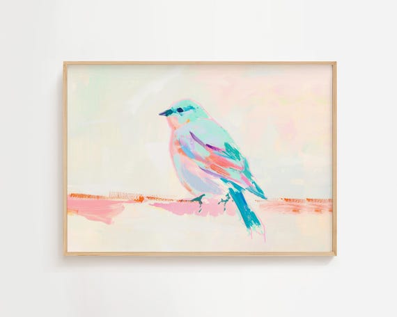 Pastel Eastern Bluebird Art Colorful Bird Painting Spring Summer House Prints Pink Girly Vintage Lover Abstract