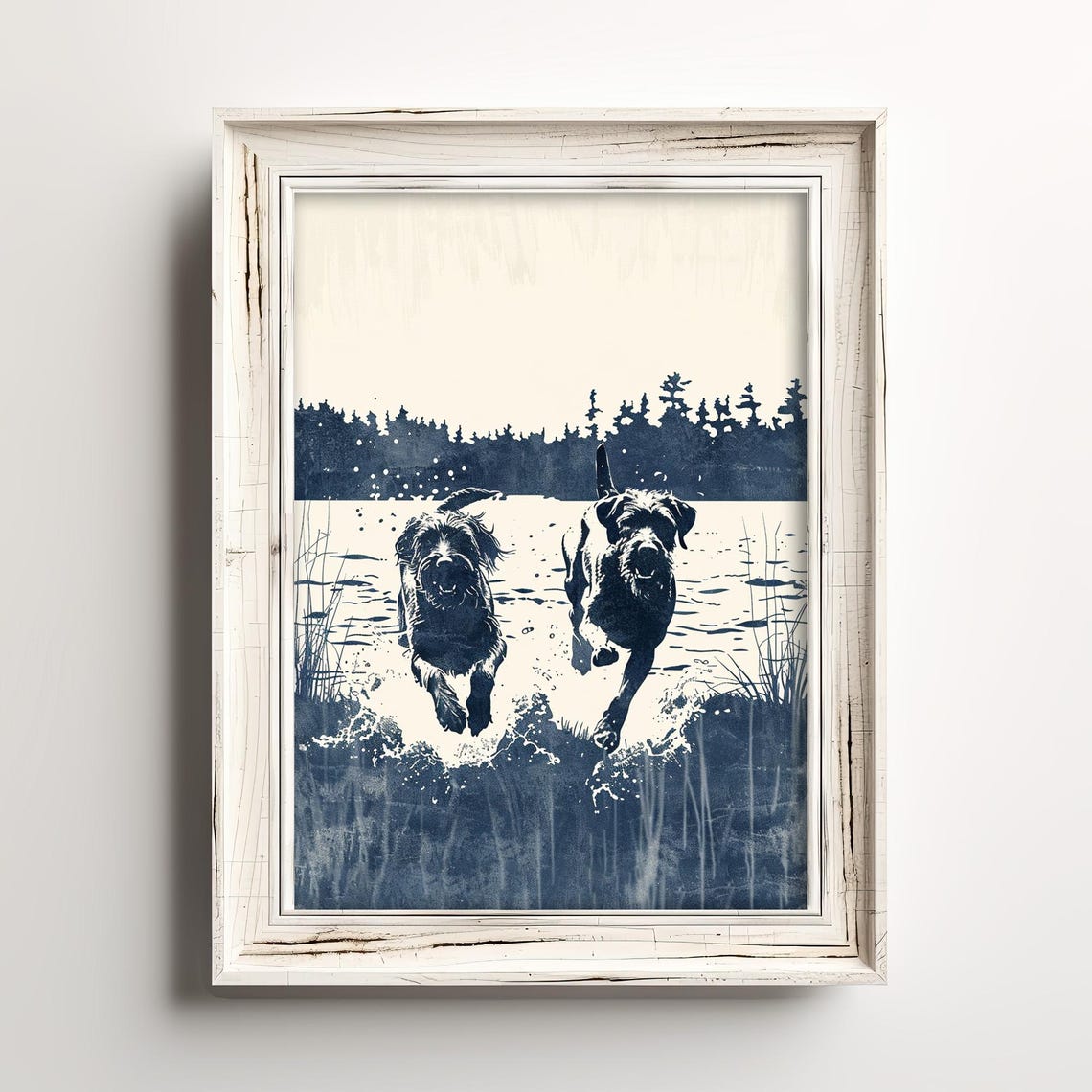 Two Happy Dogs Leaping into Water Monochrome Navy Ink Splash Poster