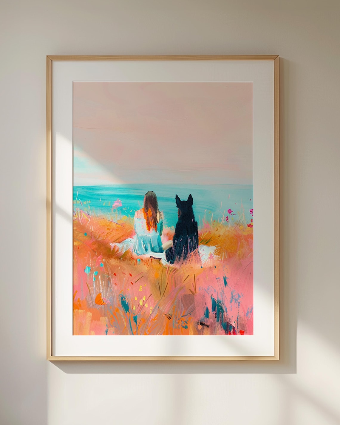 Girl and Dog Gazing at Ocean Colorful Flower Hillside Poster