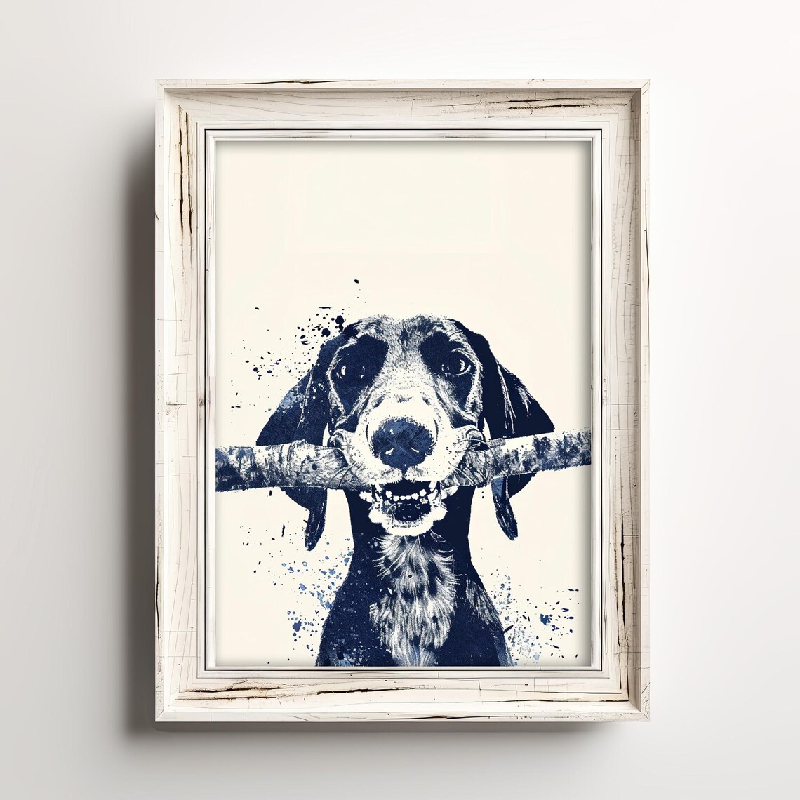 Dachshund With Driftwood Navy Blue Ink Sketch Dog Art Poster