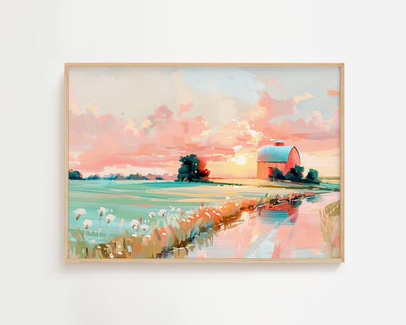 Country Creek Sunrise Colorful Pastel Barn Painting Scenic River Landscape Print Watercolor Acrylic Art Home Farm Wall Decor