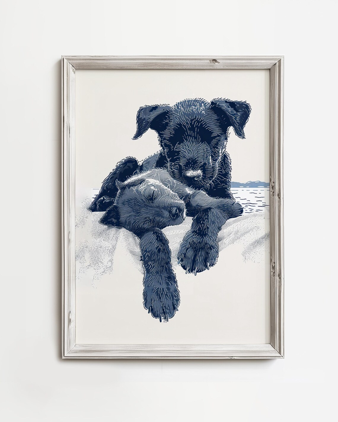 Snuggling Puppies Navy Blue Ink Sketch Coastal Lake Dog Art Poster