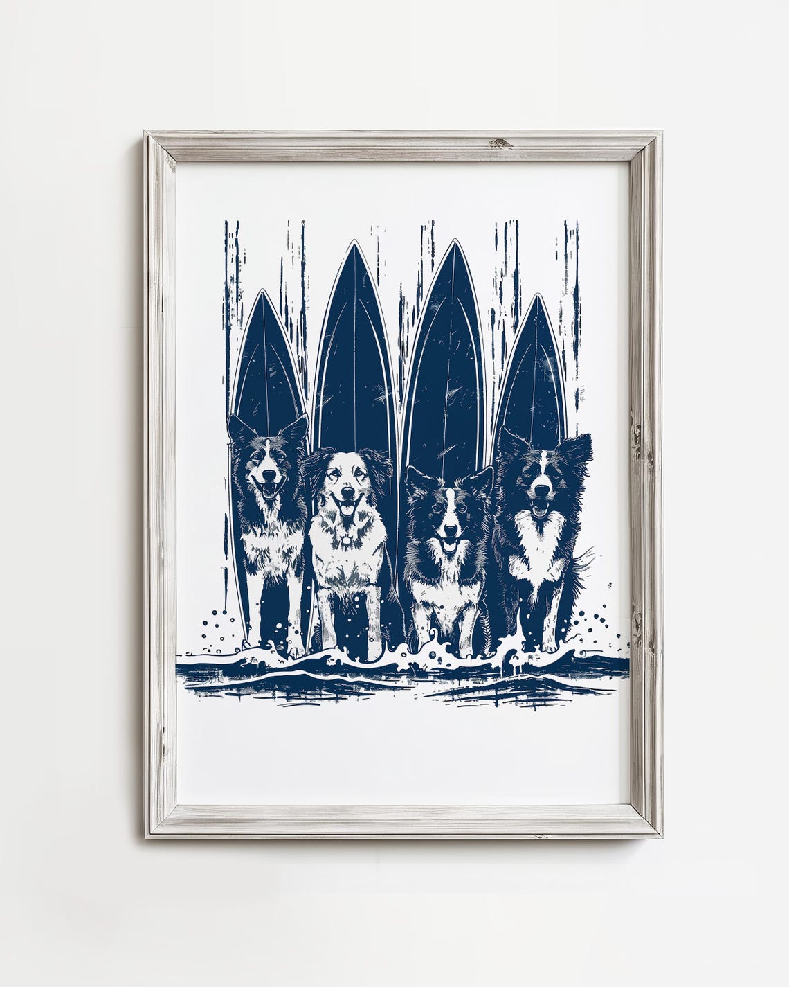 Four Happy Smiling Dogs With Surfboards Navy Blue Ink Poster